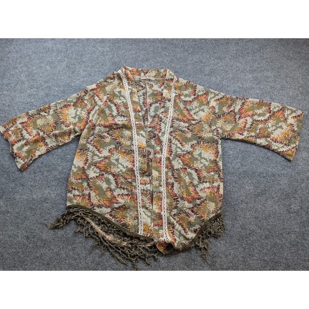 Miss Me Women's Small Floral Kimono Cardigan Open Front Fringe Hem Lace Trim